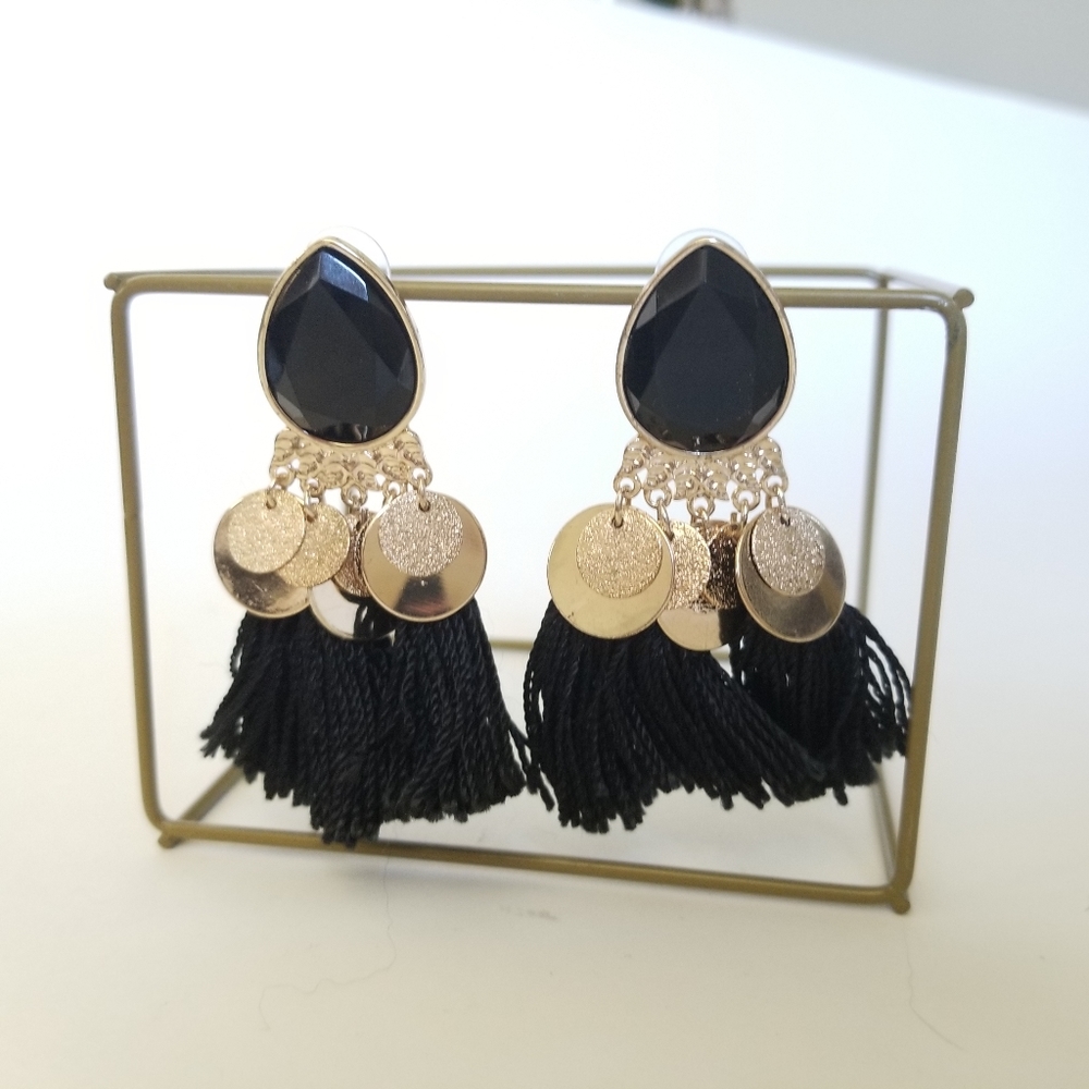 Statement Pierced Gold Tone Earrings Black Threaded Tassels Fringe & Coins